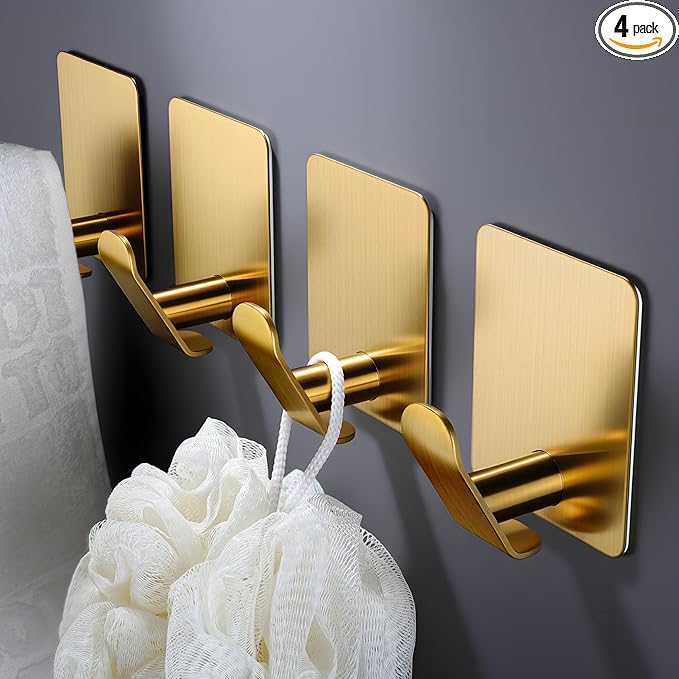 DELITON Adhesive Hooks - 4 Pack Gold Towel Hooks for Hanging Coat/Robe, Heavy Duty Stick on Wall for Bathroom and Kitchen