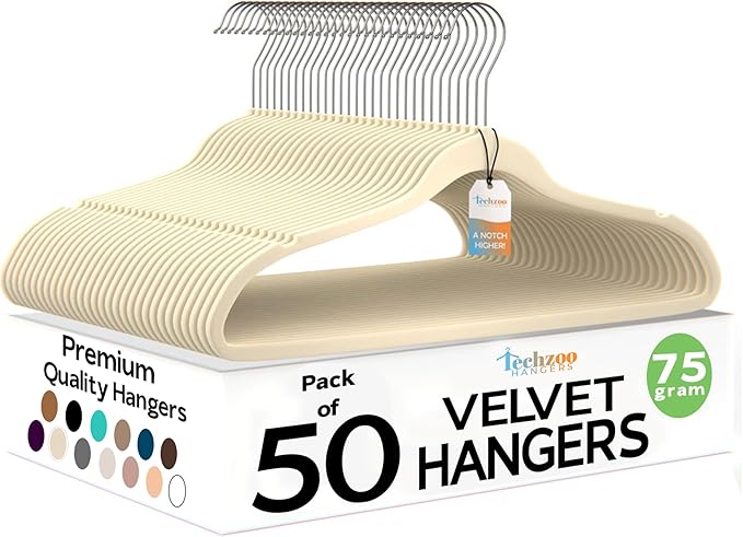 Techzoo 50 Pack New Premium Quality Velvet Hangers Ultra Thin Non Slip Adult Felt Space Saving Hangers for Closet Heavy Duty Coat Pants Jackets Dress Hangers 360° Swivel Hook Hold Upto 10 lbs Ivory