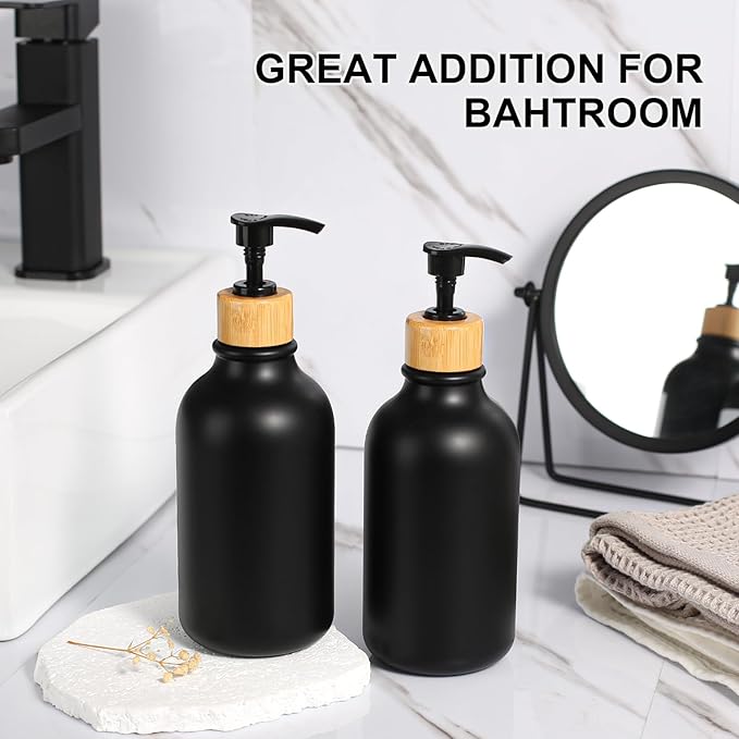 Black Soap Dispenser, 4 Pack Hand Soap Dispenser Bathroom with Bamboo Pump,17 Fl Oz Plastic Hand and Dish Dispenser Set for Kitchen, Refillable Liquid Soap and Lotion Dispensers Bottle