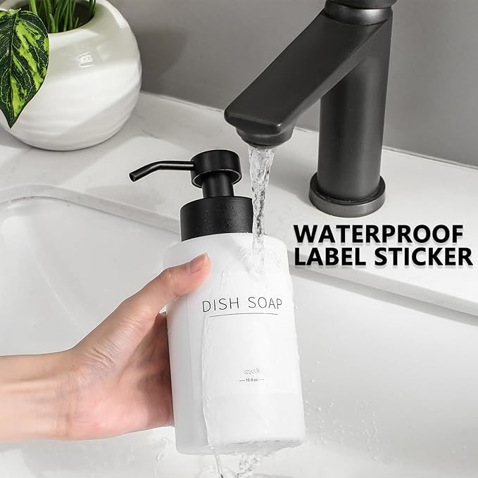Foaming Soap Dispenser Set, 12 Oz Glass Hand Soap Dispenser with 304 Rust Proof Stainless Steel Pump, Waterproof Labels, for Bathroom Decor Kitchen College Dorm, White Black Pump 2 Pack