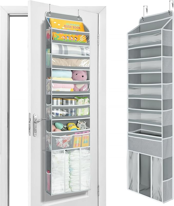 Yecaye 6 Tier Over The Door Organizer with Detachable Bin, Stuffed Animal Storage with Clear PVC Windows, Door Organizer Hanging for Bedroom Nursery Closet Dorm Room Laundry Pantry Bathroom, Grey