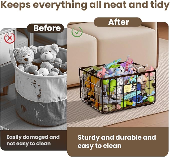 Metal Dog Toy Bin Storage Box with Handles for Puppy and Pet - Personalized Large Chew Proof Dog Toy Basket Organizer for Living Room