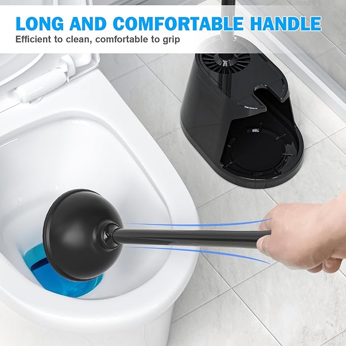 Toilet Plunger and Brush Set, Bowl Brush and Heavy Duty Toilet Plunger with Ventilated Holder, 2-in-1 Toilet Brush and Plunger Combo for Bathroom Deeply Cleaning（Black