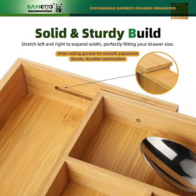 Expandable Bamboo Kitchen Drawer Organizer – Silverware Organizer, Utensil Holder & Cutlery Tray Drawer Dividers for Flatware (20"x16.9" Large Size, 8 Slot, Natural)