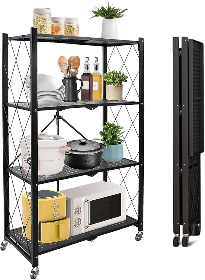 5-Tier Heavy Duty Foldable Metal Rack Storage Shelving Units 28" W x 14" D x 65" H for Kitchen Bakers Closet, Metal Wire,with Wheels Moving Easily