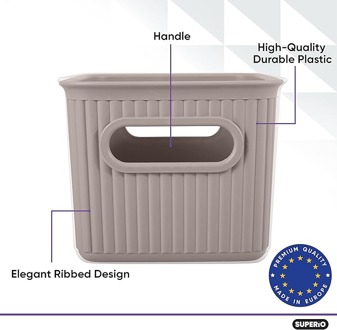Decorative Plastic Basket Open Home Storage Bins Organizer Baskets, Small Taupe (6 Pack) Container Boxes for Organizing Closet Storage Bins for Shelves Drawer Shelf - Ribbed Collection 1.5 Liter