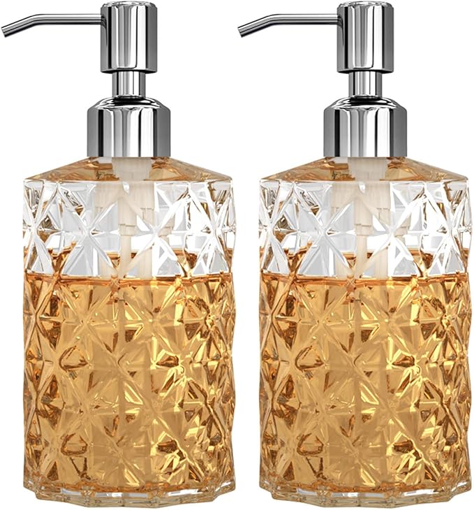 GLADPURE Soap Dispenser - 2 Pack, 12 Oz Clear Diamond Design Glass Refillable Hand Soap Dispensers; with 304 Rust Proof Stainless Steel Pump, Lotion Dispensers for Kitchen, Bathroom
