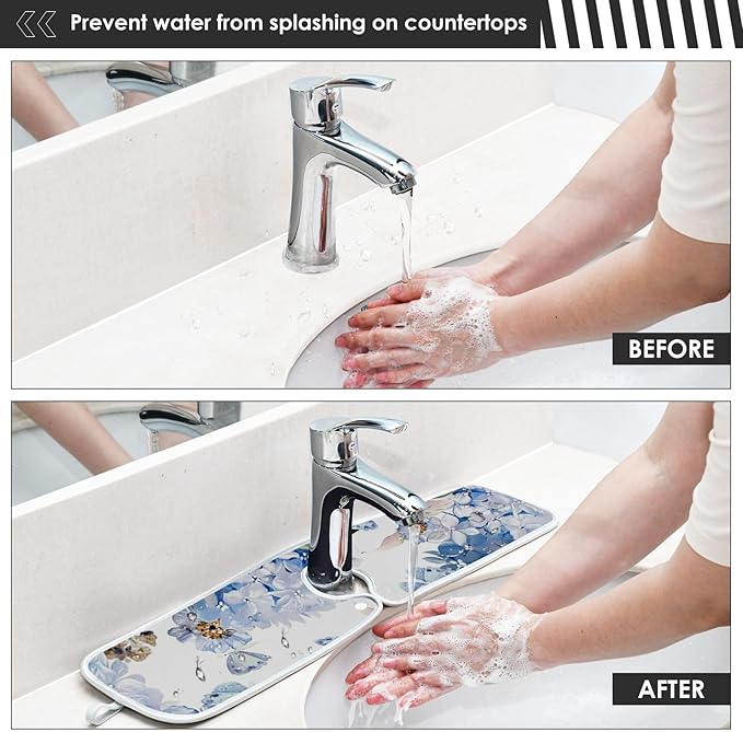 Sink Faucet Absorbing Mat Kitchen Sink Splash Guard Splash Faucet Drip Catcher for Bar RV Bathroom 2PCS 14.9x5.5in Watercolor Hydrangea Butterfly