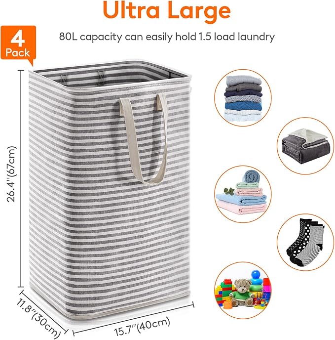 Lifewit 4 Pack Laundry Hamper Large Collapsible Laundry Baskets, Freestanding Waterproof Clothes Hamper with Easy Carry Handles in Laundry Room Bedroom Bathroom College Dorm, Black, 4 x 80L