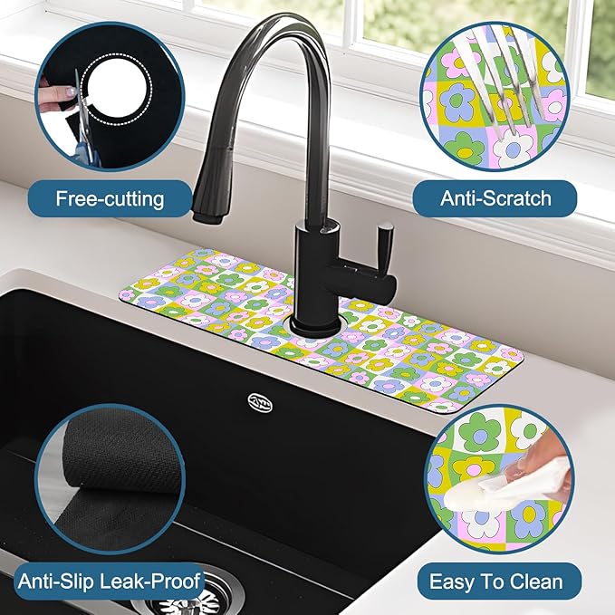 Cute Flowers Kitchen Sink Splash Guard Faucet Mat Retro Floral Super Absorbent Fast Drying Mat Sink Splash Guard Behind Faucet for Kitchen Bathroom, 15.5"x5.5"