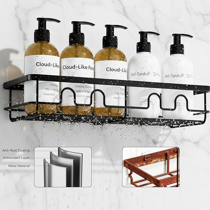 Adhesive Shower Caddy, Large Capacity Shower Racks for Inside Shower, No Drill Bathroom Shower Organizer and Storage, 2 Pack Black Bathroom Shelves, Home Decor Rv Accessories, Apartment
