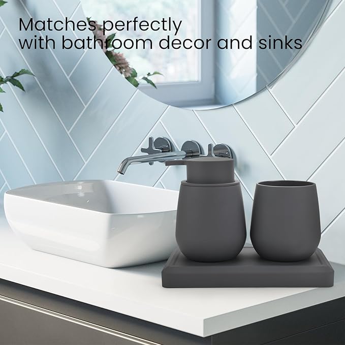 Bathroom Accessories Set, Modern 3 Pcs Bathroom Essentials - Soap Dispenser, Toothbrush Holder & Tray, Countertop Vanity Organizer (Gray)