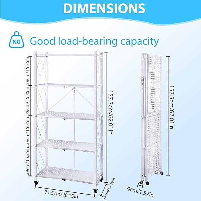 5-Tier Foldable Storage Shelf with Wheels, Metal Collapsible Shelving Unit, Heavy-Duty Rolling Cart for Kitchen Pantry Garage Office, Pre-Assembled Organizer Rack – White