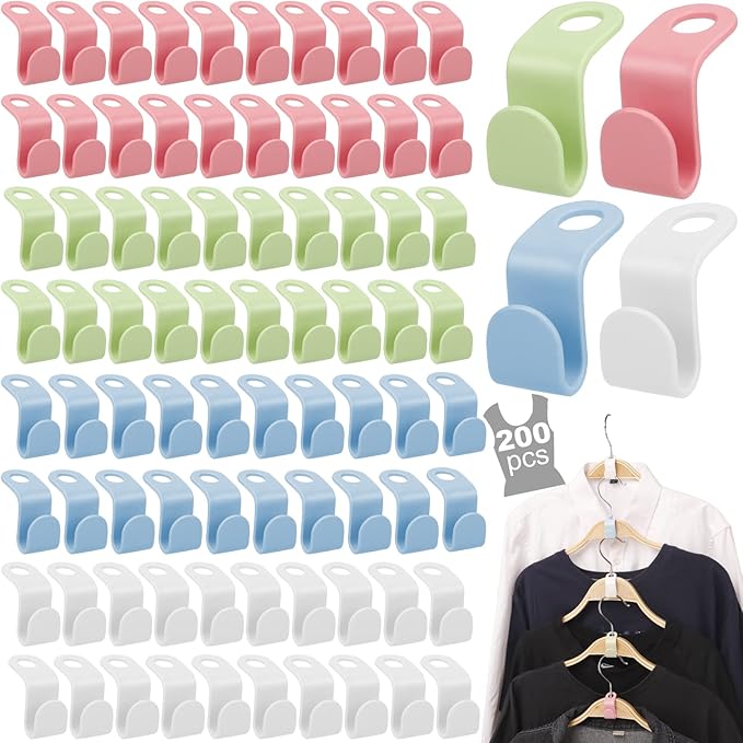 200 PCS Clothes Hanger Connector Hooks, 4 Colors Magic Heavy Duty Cascading Connection Hooks Space Saving Hanger Extenders Clips for Clothes for Organizer Closet