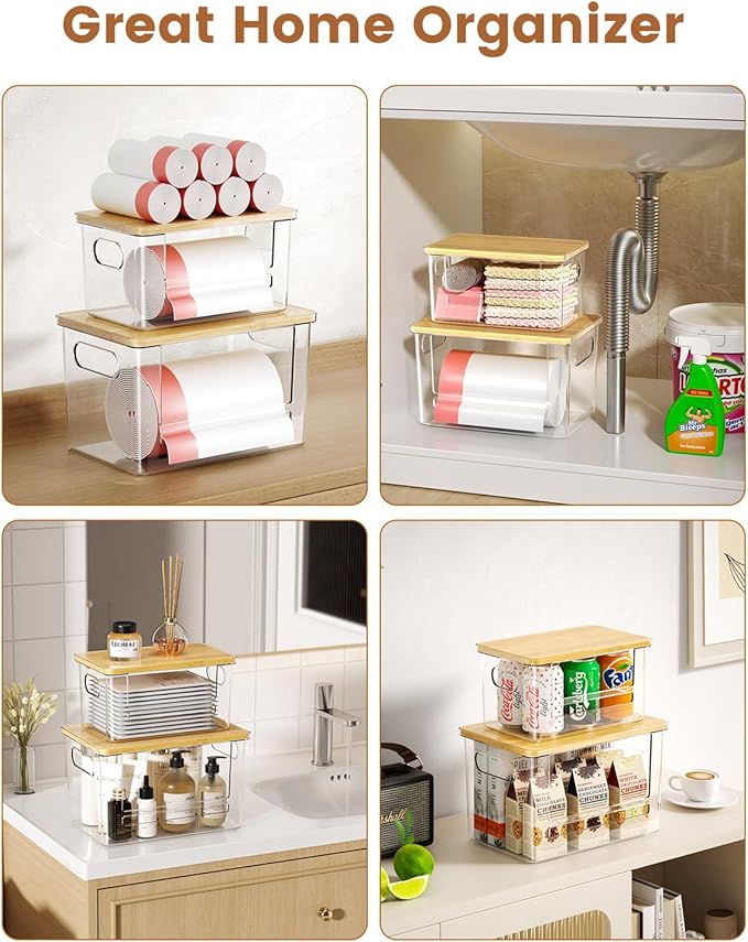Trash Bag Dispenser 2 Pack, Stackable Trash Bag Holder with Bamboo Lid – Clear Plastic Garbage Bag Organizer for 4-33 Gal Bags, Space-Saving Under Sink Organizer for Kitchen, Laundry, Pantry