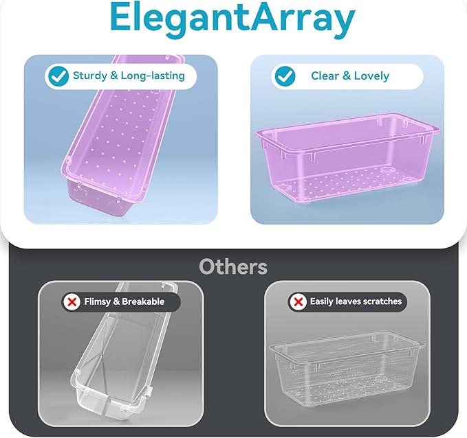 12-Piece Drawer Organizer Set, 4 Sizes Versatile Plastic Vanity Organizer for Makeup, Stationery, Gadgets, in Kitchen, Bathroom, Office, and Bedroom, Purple