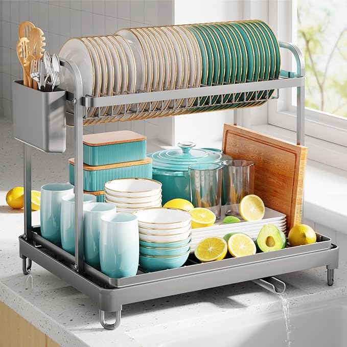 2-Tier Dish Drying Rack - Stainless Steel Dish Rack with Cutlery & Utensil Holders for Kitchen Counter, Sink Organization and Storage for Small Family, 16.7" W x 12.7" L x 15.8" H, Gray