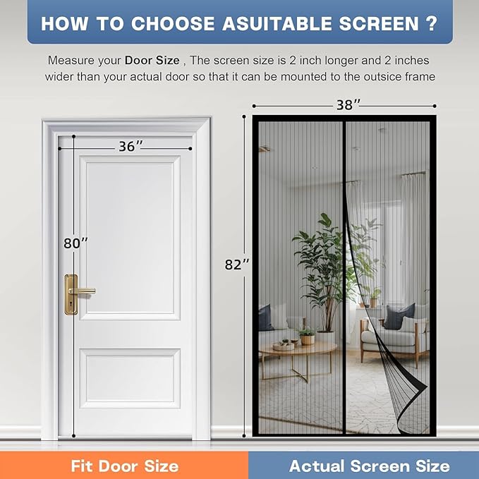 Magnetic Screen Door Mesh 38" x 82" - Fits 36" x 80" Door Size, Works for Patio, Sliding Door, Keeps Bug Mosquito Out, Fresh Air Flow, Black