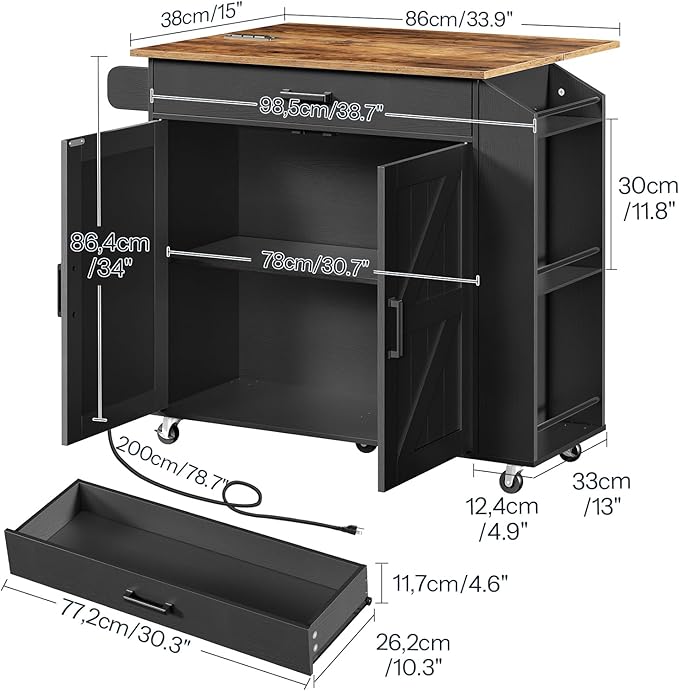 HOOBRO Kitchen Island with Drop Leaf Countertop & Power Outlet, Rolling Island Cart on Wheels, Kitchen Cart with Drawer & Spice Rack, Mobile Island Table for Kitchen, Black BF86UZD01