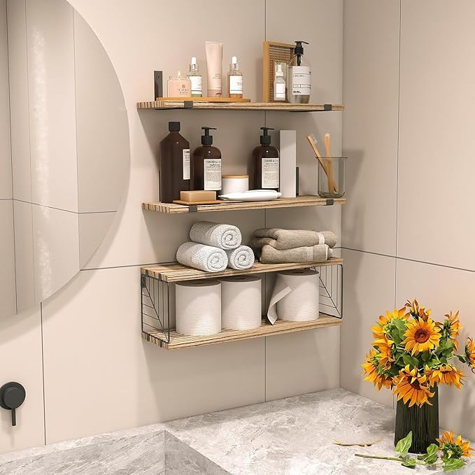Fixwal 3+1 Tier Bathroom Floating Shelves Over Toilet, 15.8in Farmhouse Rustic Wood Shelves, Wall Decor for Bathroom, Living Room,Bedroom and Kitchen (Rustic Brown)