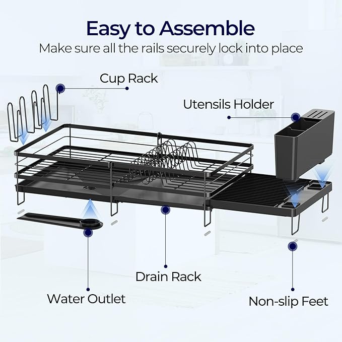 Large Dish Drying Rack, Expandable Dish Rack for Kitchen Counter, Dish Drainer with Drainboard Set, Multifunctional Dishrack with Utensil Holder & Cup Holder, 13.4"-28.7" L x 11.8" W, Black