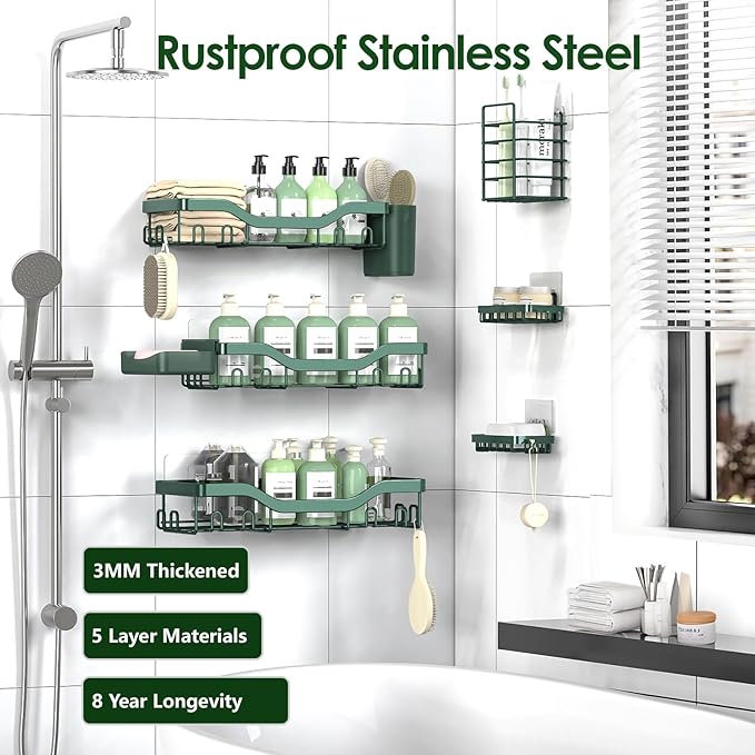 Shower Caddy Adhesive Shower Organizer 8-Pack, Rustproof Stainless Steel Bathroom Shelves, Large Capacity No-Drill Rack Storage Accessories with Soap Dish Toothbrush Holder Hooks
