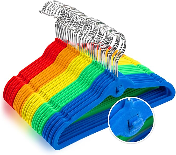 Pack of 30 Kids Velvet Hangers, Non-Slip Space-Saving with Cascading Mini Hooks, Rainbow Colors (Red, Orange, Yellow, Green, Blue) Baby and Toddler Clothes Organization