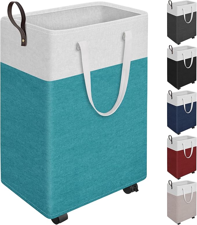 HomeHacks 90L Large Rolling Laundry Basket, Laundry Hamper with 4 Smooth Wheels, Collapsible Waterproof Clothes Basket, Freestanding Hamper with Handles for Bedroom/Dorm/Laundry Room (Green)