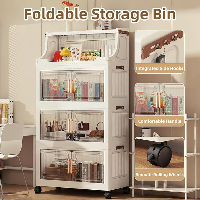 217QT Stackable Storage Bins with Lids & Rack, 5 Tier Large Capacity Foldable Storage Cabinet, Clear Collapsible Pantry Organizer for Home, Kitchen, Bathroom, Dorm, Office