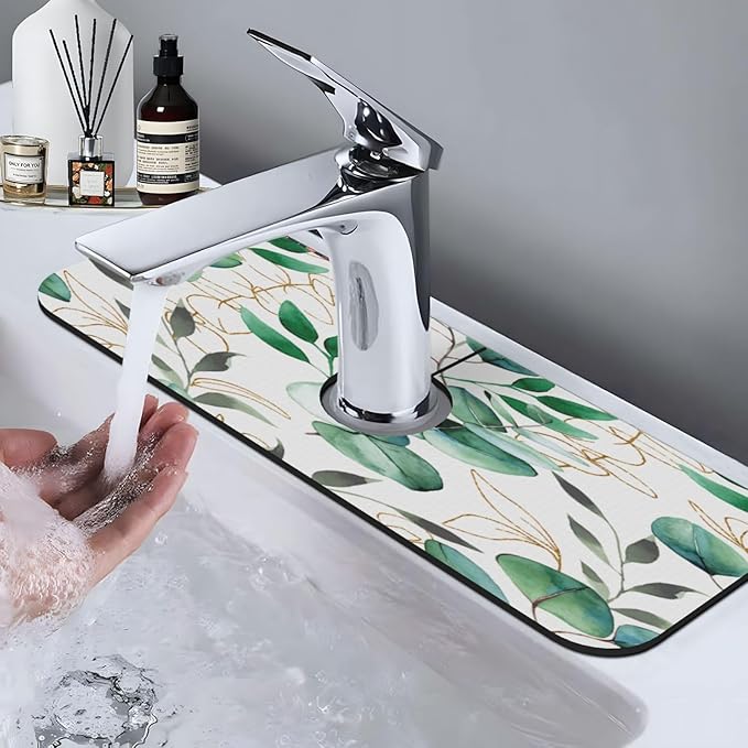 Faucet Draining Mat For Kitchen Sink, Green Leaves Diatom Mud Absorbent Drain Pad For Bathroom Kitchen Sink Splash Guard Drying Mat