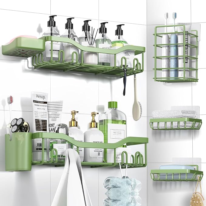 Shower Caddy Adhesive Shower Organizer 7-Pack, Rustproof Stainless Steel Bathroom Shelves, Large Capacity No-Drill Rack Storage Accessories with Soap Dish Toothbrush Holder Hooks
