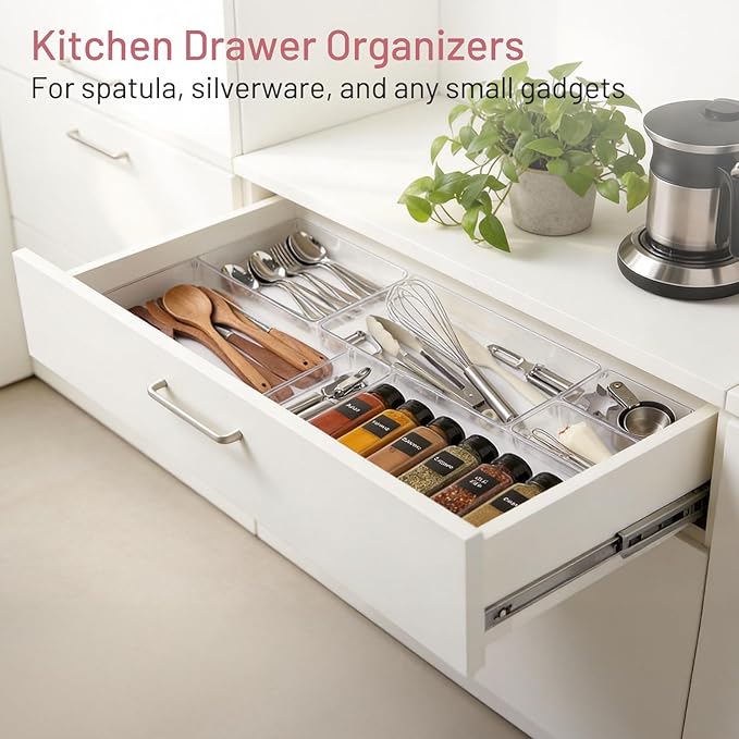10 Pack Large Drawer Organizer Bins - Clear Plastic Bathroom Drawer Organizer Trays - Heavy Duty Kitchen Drawer Dividers for Utensils - Non-Slip Storage Bins for Makeup, Bedroom, Office Desk