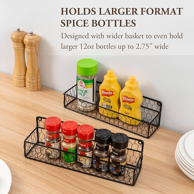 MyGift 2 Pcs Spice Rack Wall Mount, Small Seasoning Shelf Organizer, 12-Inch Over the Stove Hanging Kitchen Condiment Basket Storage Display, Black Wire