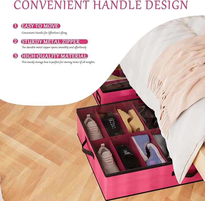 homyfort Under Bed Shoe Storage Organizer, 600D Material Underbed Shoes Storage Containers, set of 2, fits up to 32 Pairs of Shoes (Pink)