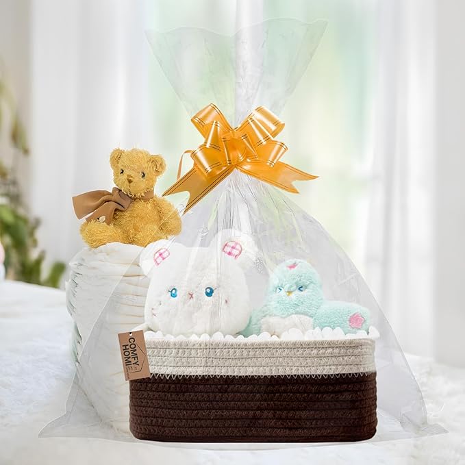 COMFY-HOMI 13" x 8.5" x 5.1"Storage Baskets for Organizing | Cotton Rope Woven Basket | Toy Storage Bin Box | Basket for Shelves, Closet Organizer Bin, Decorative Closet Shelf, 3 Pack,WHT/dark brown