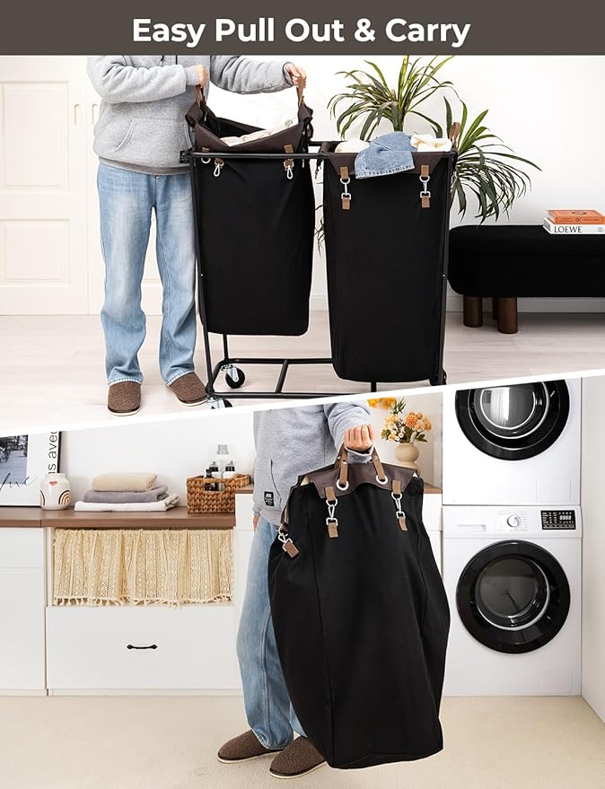 StorageWorks 390L Extra Large Laundry Hamper with Wheels, Laundry Basket with Wheels 2 Sections, Clothes Sorter Cart with Divider for Hotel, Home, Black, 1-Pack