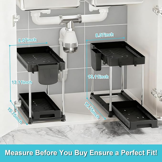 Under Kitchen Sink Organizer, 2-tier Under Sink Organizers and Storage for Kitchen & Bathroom, Multi-Purpose Pull Out Under Cabinet Organizer with Hooks Hanging Cup (Black, 2 Pack)