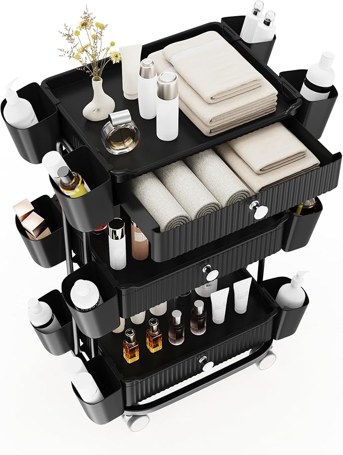 3 Tier Drawer Shelf Beauty Cart with 12 Movable Storage Organizer, Thickened Durable ABS, 360° Wheels for Salon Station for Hair Stylist, Beauty Salon, Spa Massage Parlor, Makeup Organizer - Black