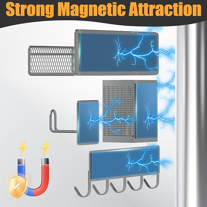 Magnetic Spice Rack for Refrigerator, 10 Pack 100% Metal Strong Magnet Shelf, Moveable Spice Organizer W/ Adjustable Paper Towel Holder, Hook Rack & Utensil Caddy, Home Kitchen Laundry Storage, Grey
