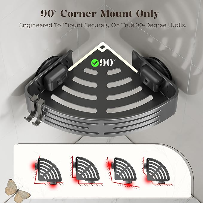 Corner Shower Caddy Suction Cup,Shower Shelves with Hooks,No Drilling Powerful Suction Bathroom Organizers and Storage,Removable Waterproof Rustproof Shower Bathroom Accessories Decor(Grey 2Pack)
