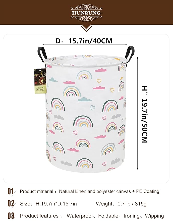 HUNRUNG Laundry Hamper,Large Canvas Fabric Lightweight Storage Basket Toy Organizer Dirty Clothes Collapsible Waterproof for College Dorms（Round-Rainbow）