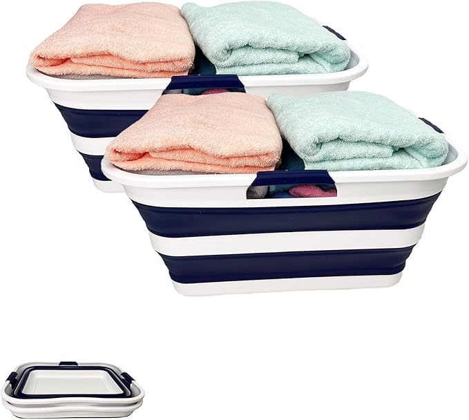 SAMMART 42 (11 Gallons) Collapsible Plastic Laundry Basket, Foldable Pop Up Storage Container/Organizer, Space Saving Hamper, Portable Bin for Dorm Room Bathroom (2, White/Starry Blue)