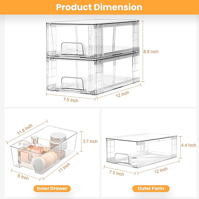 6 Pack Stackable Storage Drawers,Plastic Organizers Bins, Drawers Storage with Handles and Movable Dividers for Organization and Storage in Fridge,Bathroom, Pantry, Kitchen Cabinets, Under Sink
