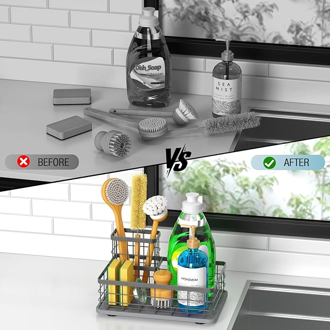 EXTRA LARGE Kitchen Sink Caddy Organizer, [FLEXIBLE PLACEMENT & FAST-DRYING] Sponge Holder for Kitchen Sink Countertop,Stainless Steel with Rust-Resistant Coating-10.24" L x 6.5" W x 5.83" H
