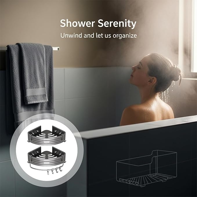 2-Tier Corner Shower Caddy, No Drilling Shower Organizer with Towel Bar and Hooks, 11.8x8.9x2.6 in Adhesive Shower Shelf, Rustproof Aluminum Bathroom Corner Storage