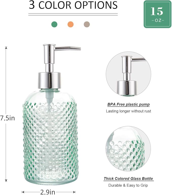 Cutiset 3 Pack Assorted Glass 15 Ounce Lotion Soap Dispenser Bottle with Pump for Bathroom, Kitchen