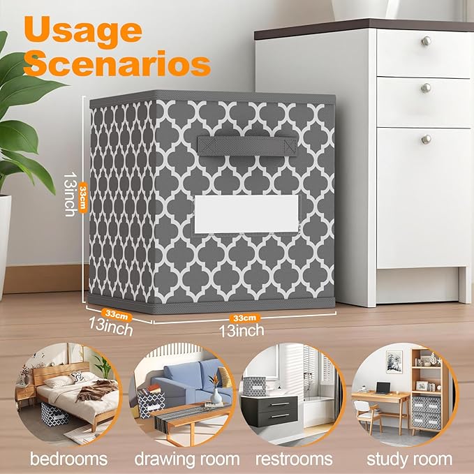 homyfort Cube Storage Organizer Bins - Fabric Storage Cubes Bin Foldable Baskets Square Box for Shelf, Nursery, Cabinet, Clothes, Toys, Set of 6 (Grey2, 13 inch-4Pack)