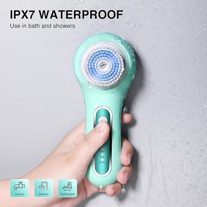 Electric Facial Cleansing Brush, 2-Way Rotating Face Scrubber for Daily & Deep Cleaning, 3 Modes, 5 Brush Heads, Rechargeable, IPX7 Waterproof for All Skin Types