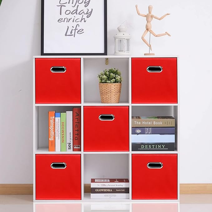 Fabric storage bins Cubes, Fabric Cube Organizer with Handle, Foldable Cube Bins for Cloth or Accessary Storage, 11x11x11, Set of 8, (Red)