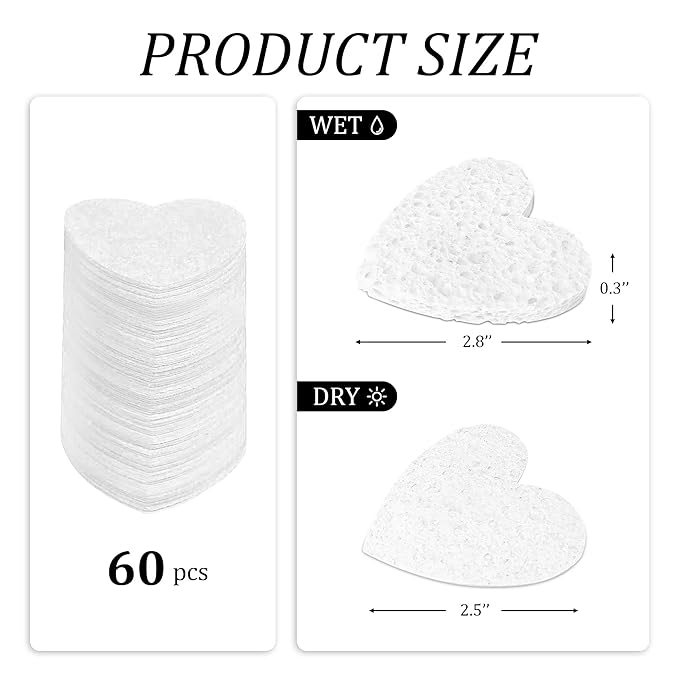 60-Count Kickleen Compressed Cellulose Heart Shape Facial Sponges | 100% Natural Cosmetic Spa Sponges for Facial Cleansing | Exfoliating | Makeup and Mask Removal | Reusable |Skin Massage (White)
